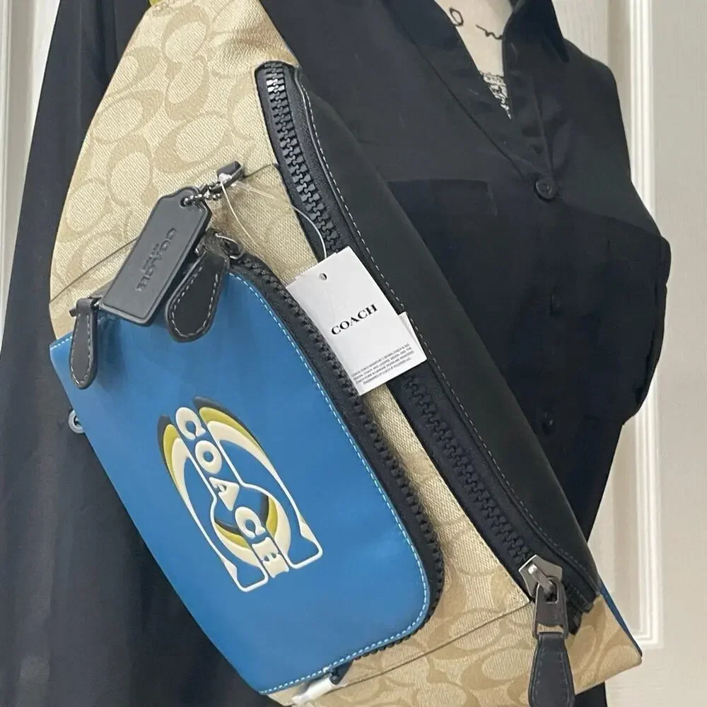 COACH BUMB BAG LEATHER TAN LOGO‎ ALL OVER TURQUOISE POCKET ICONIC VERSATILE
